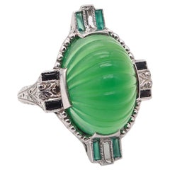Bague cocktail ART-DECO 1920 en or 18 carats avec chrysoprase, onyx et diamants
