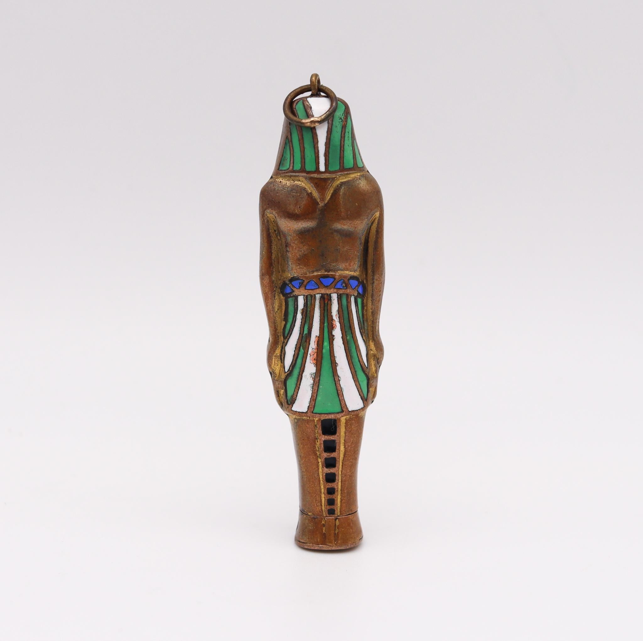 Art Deco 1920 Egyptian Revival Pharaoh Retractable Pencil Pendant Brass & Enamel For Sale 4