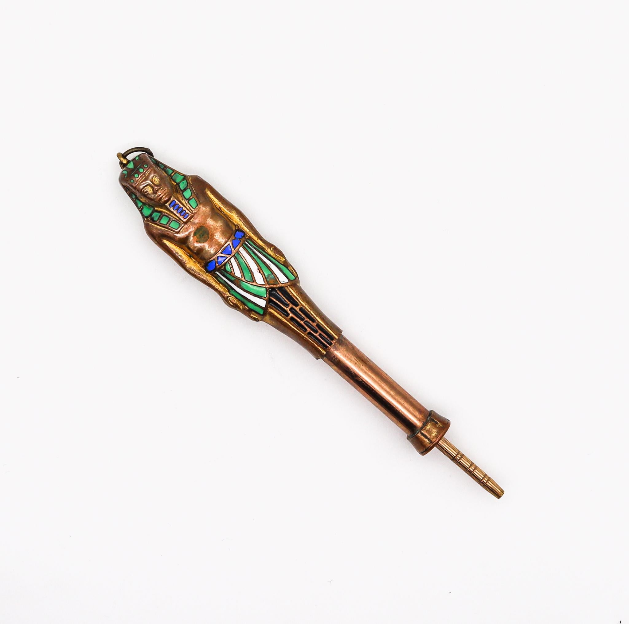 French Art Deco 1920 Egyptian Revival Pharaoh Retractable Pencil Pendant Brass & Enamel For Sale