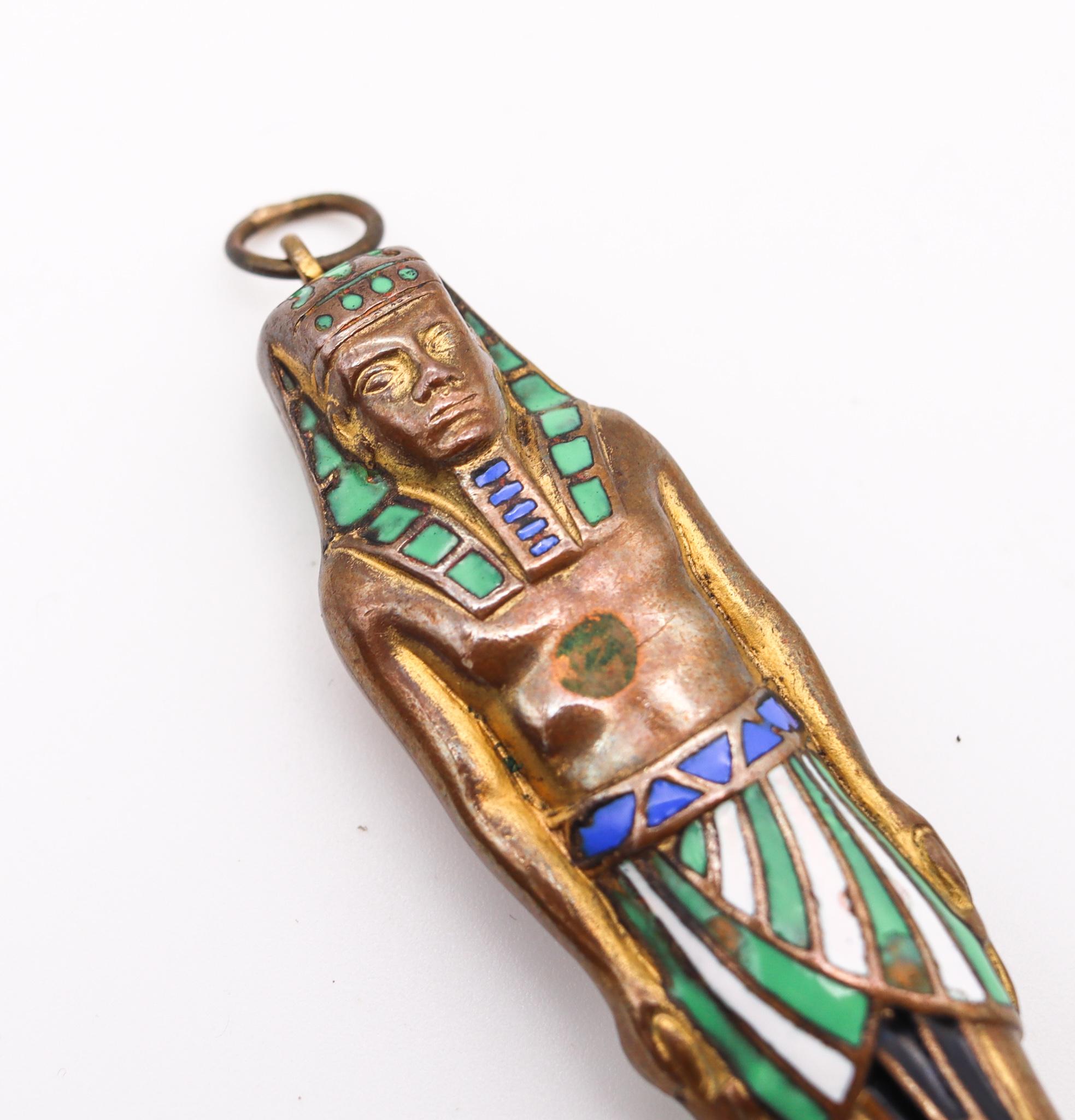 Art Deco 1920 Egyptian Revival Pharaoh Retractable Pencil Pendant Brass & Enamel In Good Condition For Sale In Miami, FL