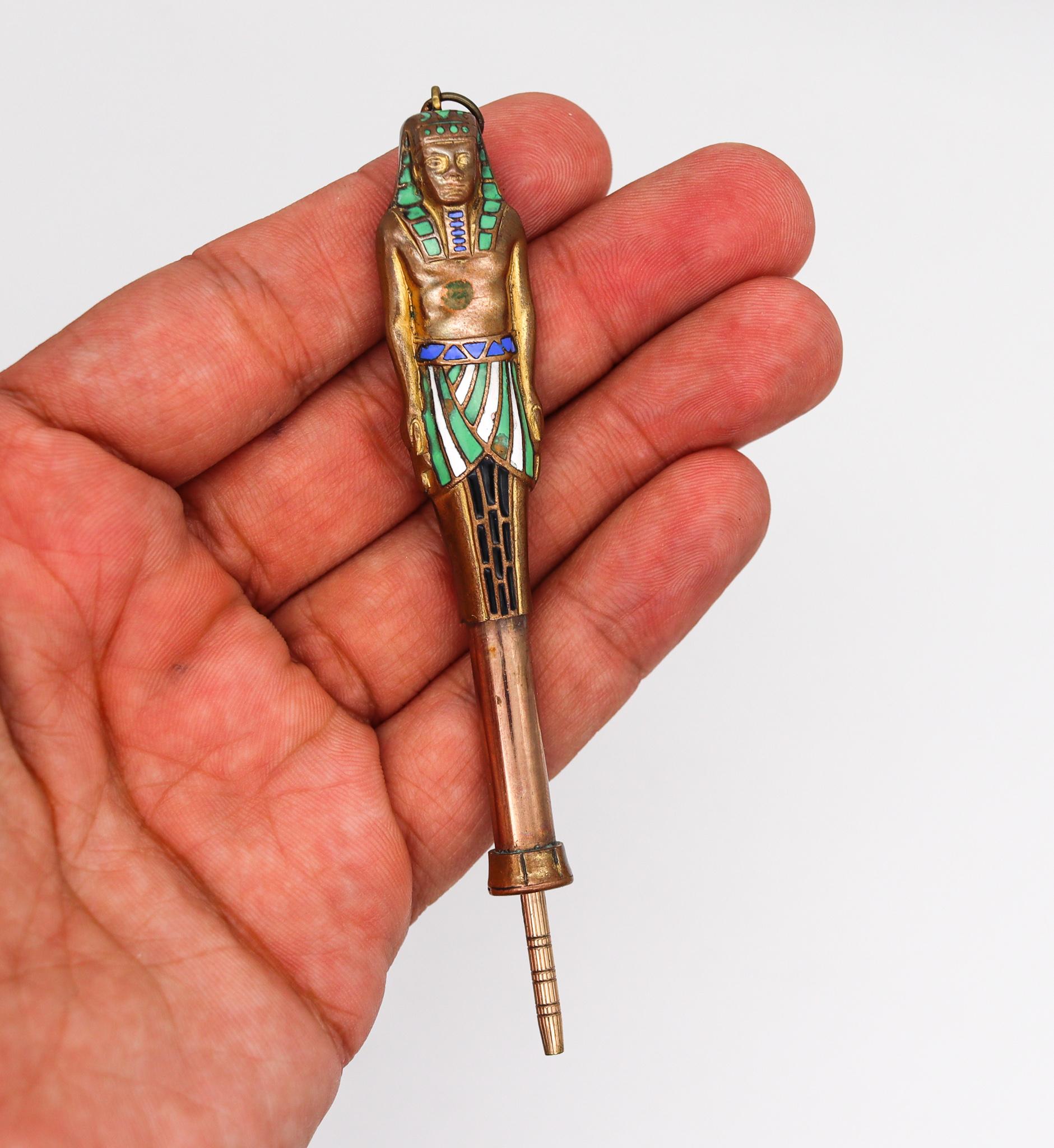 Early 20th Century Art Deco 1920 Egyptian Revival Pharaoh Retractable Pencil Pendant Brass & Enamel For Sale
