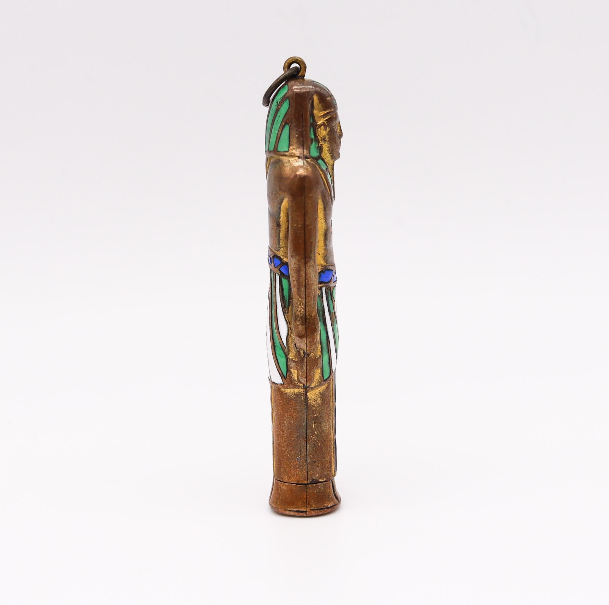 Art Deco 1920 Egyptian Revival Pharaoh Retractable Pencil Pendant Brass & Enamel For Sale 1