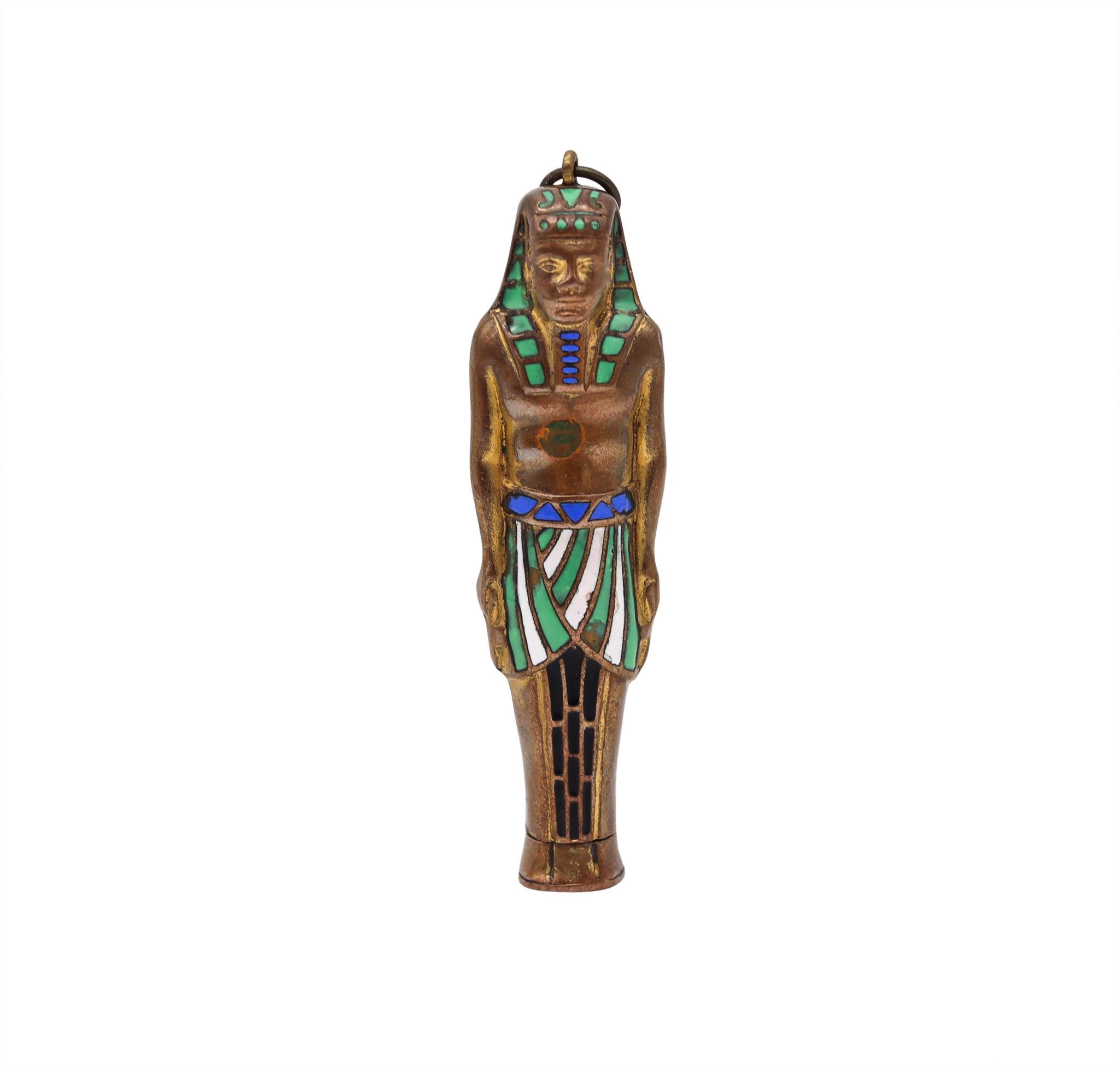Art Deco 1920 Egyptian Revival Pharaoh Retractable Pencil Pendant Brass & Enamel For Sale 2