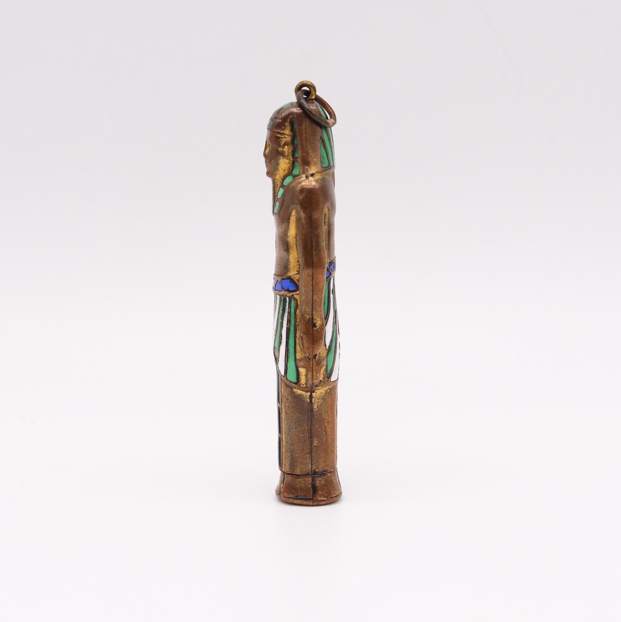 Art Deco 1920 Egyptian Revival Pharaoh Retractable Pencil Pendant Brass & Enamel For Sale 3