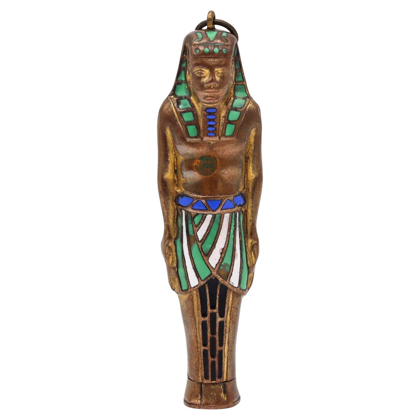 Art Deco 1920 Egyptian Revival Pharaoh Retractable Pencil Pendant Brass & Enamel For Sale