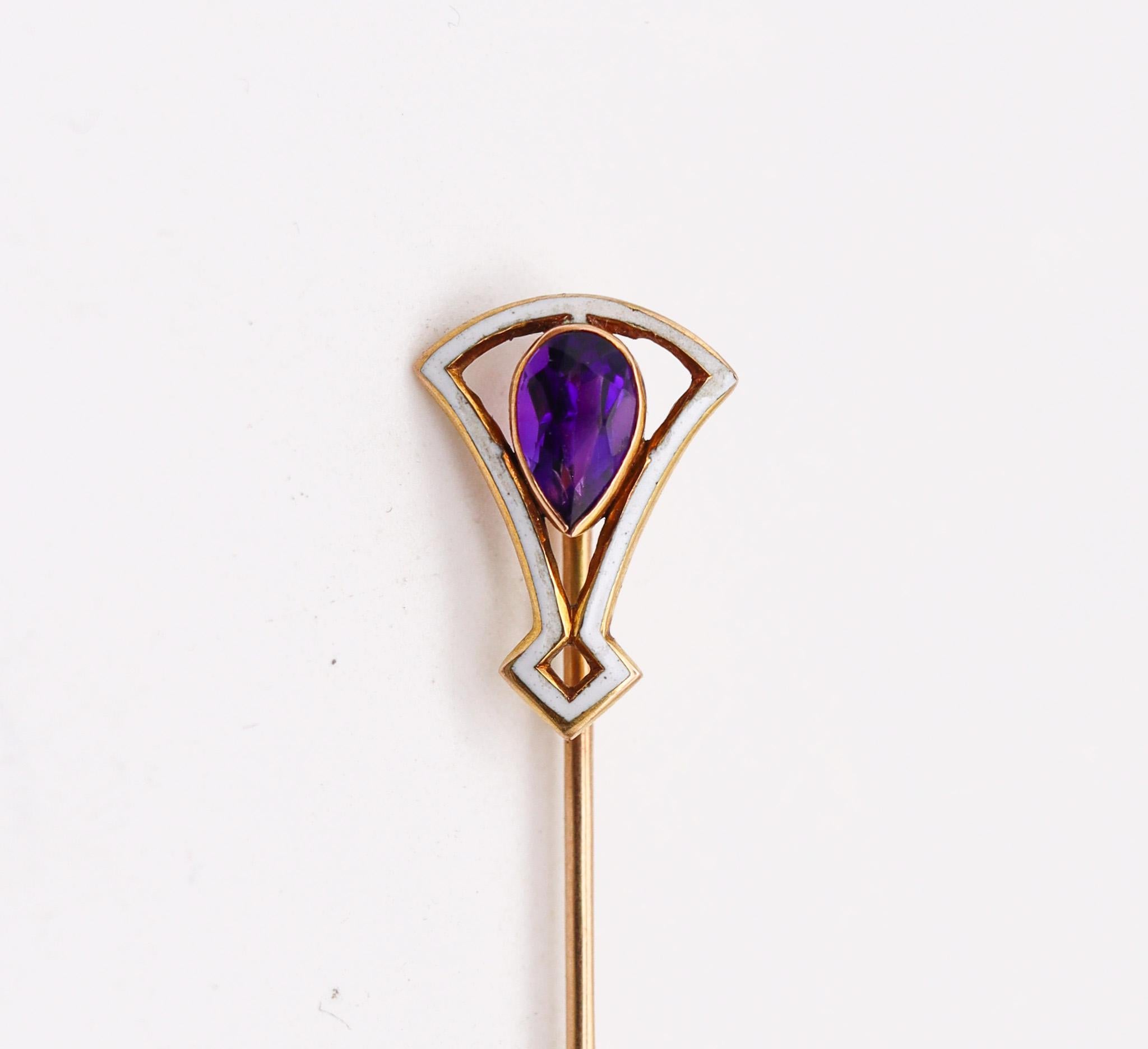 An art deco stick pin.

Beautiful colorful piece, created in America during the art deco period, back in the 1920. This antique pin has been crafted with geometric patterns in solid yellow gold of 14 karats with high polished finish. It is