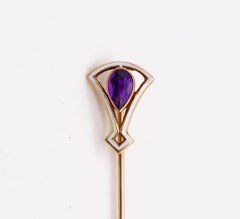 Art Deco 1920 Enameled Stick Pin in 14 Karat Yellow Gold with Purple Amethyst