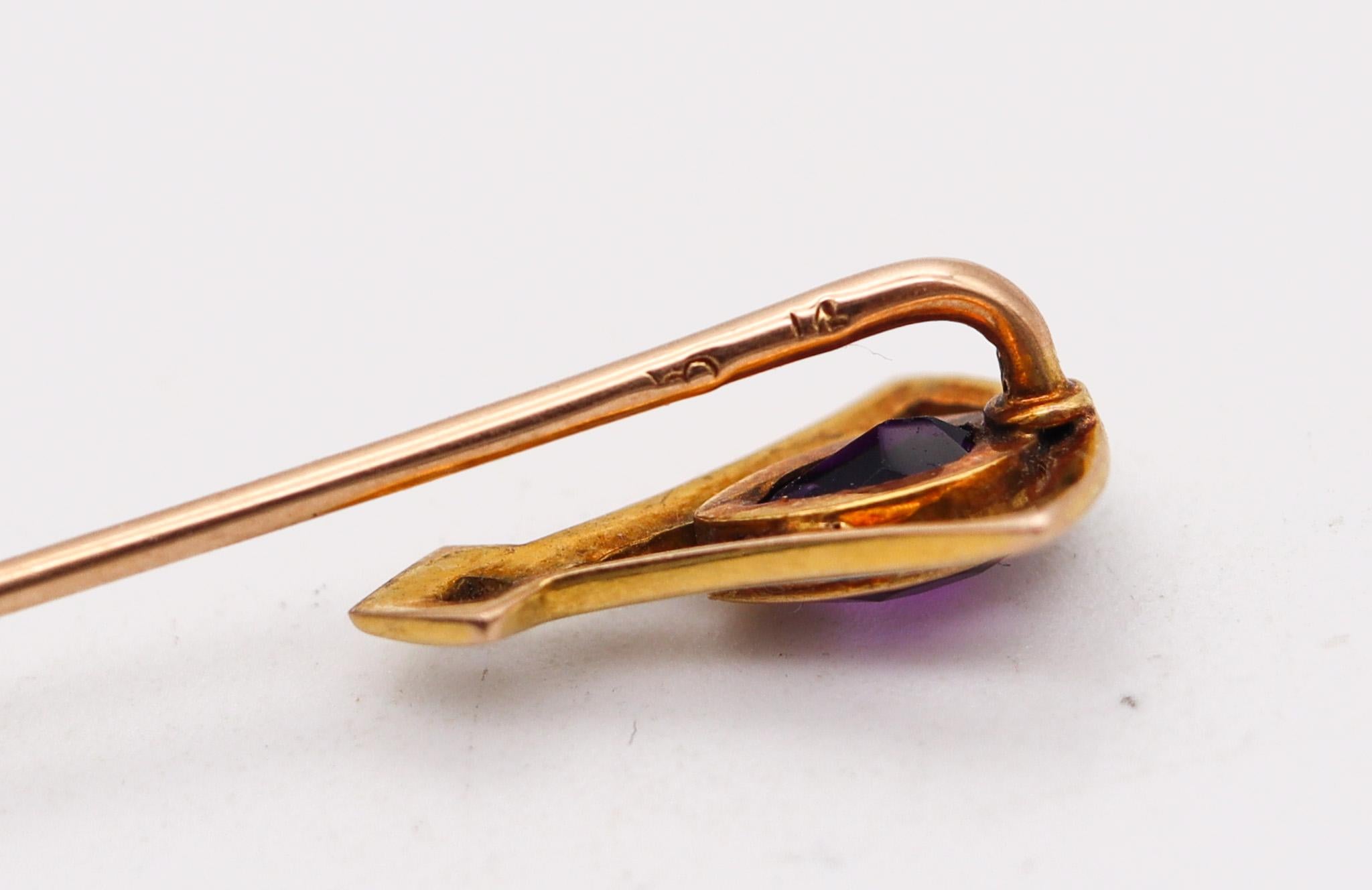 Pear Cut Art Deco 1920 Enameled Stick Pin in 14 Karat Yellow Gold with Purple Amethyst For Sale