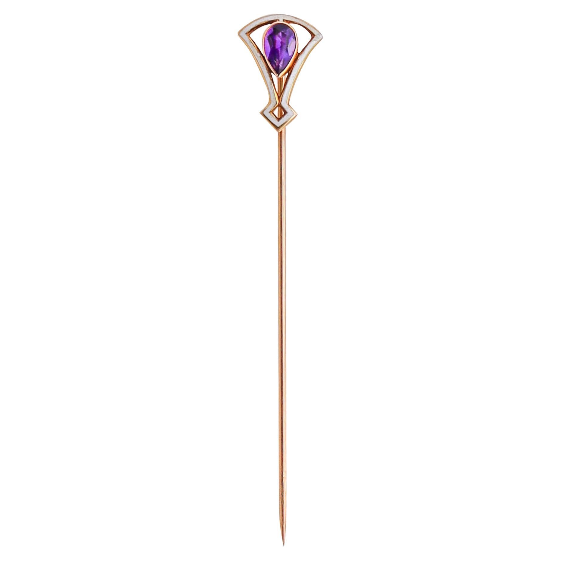 Art Deco 1920 Enameled Stick Pin in 14 Karat Yellow Gold with Purple Amethyst For Sale