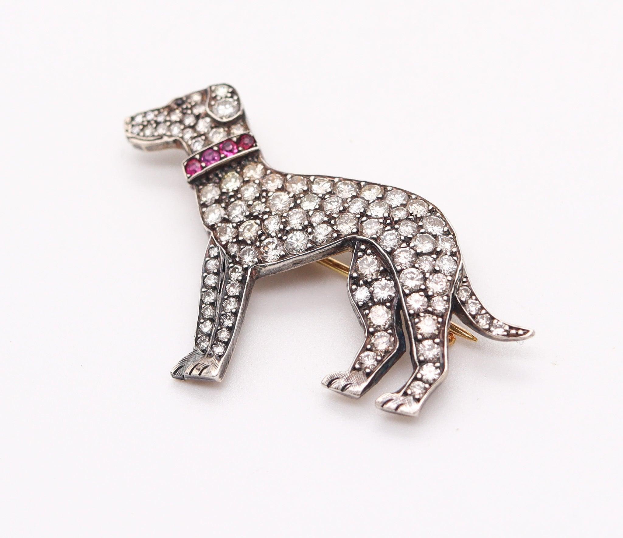 Art Deco ART DECO 1920 European Dog Brooch 18Kt Gold Silver 5.24 Ctw Diamonds & Rubies For Sale