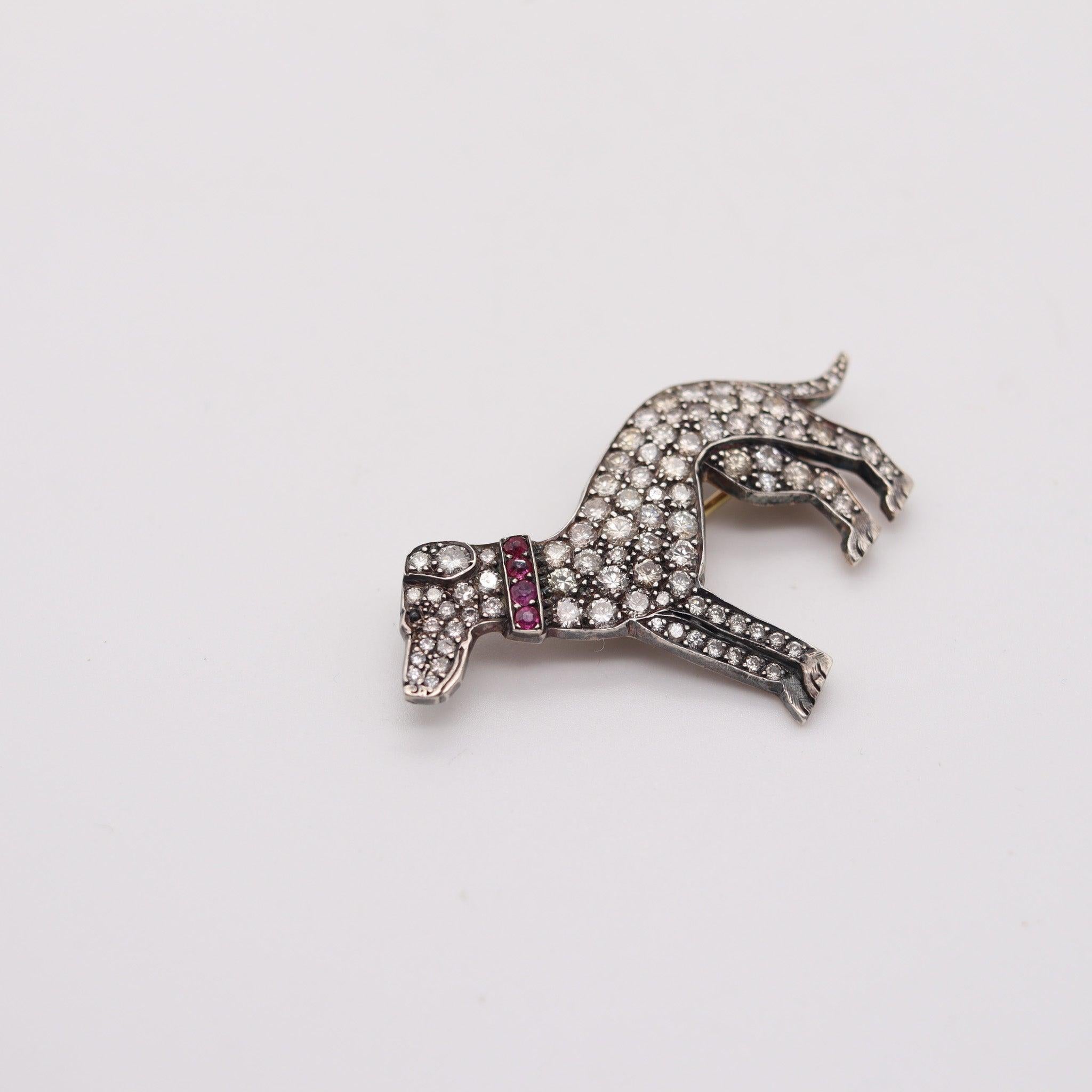 Brilliant Cut ART DECO 1920 European Dog Brooch 18Kt Gold Silver 5.24 Ctw Diamonds & Rubies For Sale