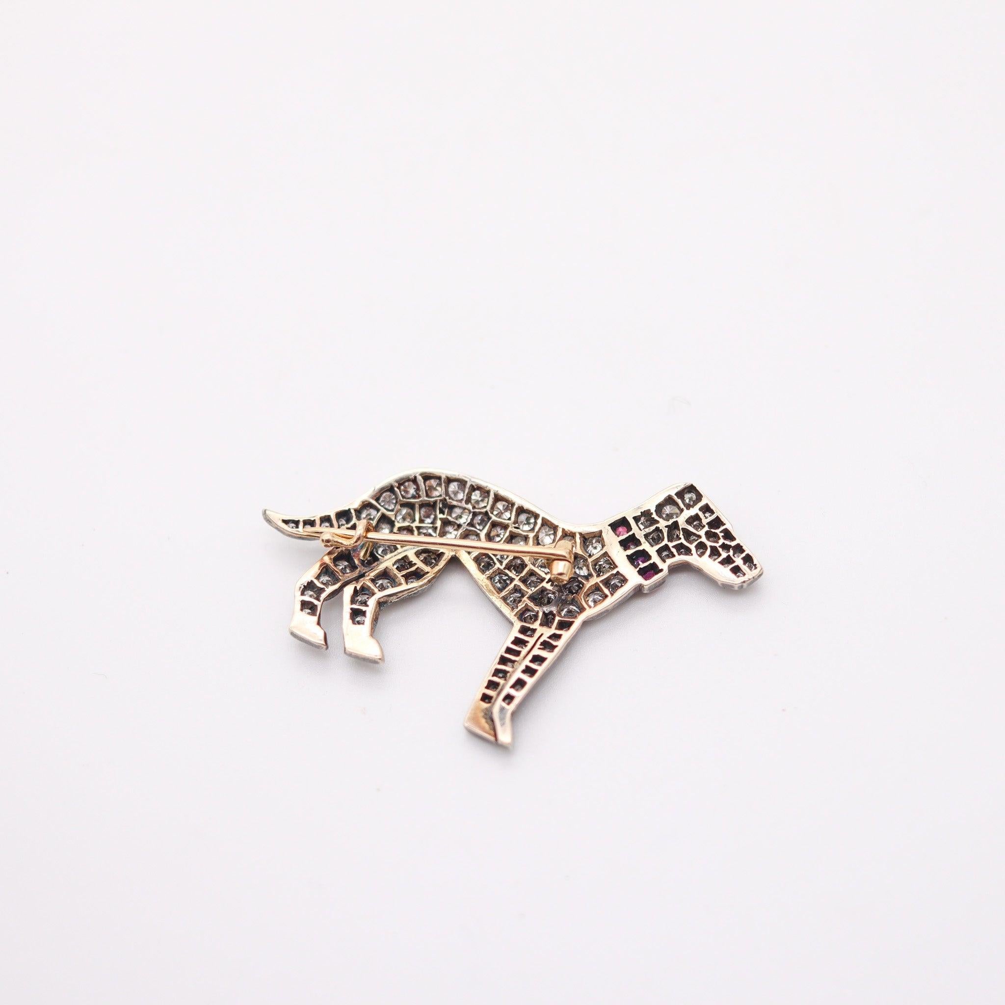 ART DECO 1920 European Dog Brooch 18Kt Gold Silver 5.24 Ctw Diamonds & Rubies In Excellent Condition For Sale In Miami, FL