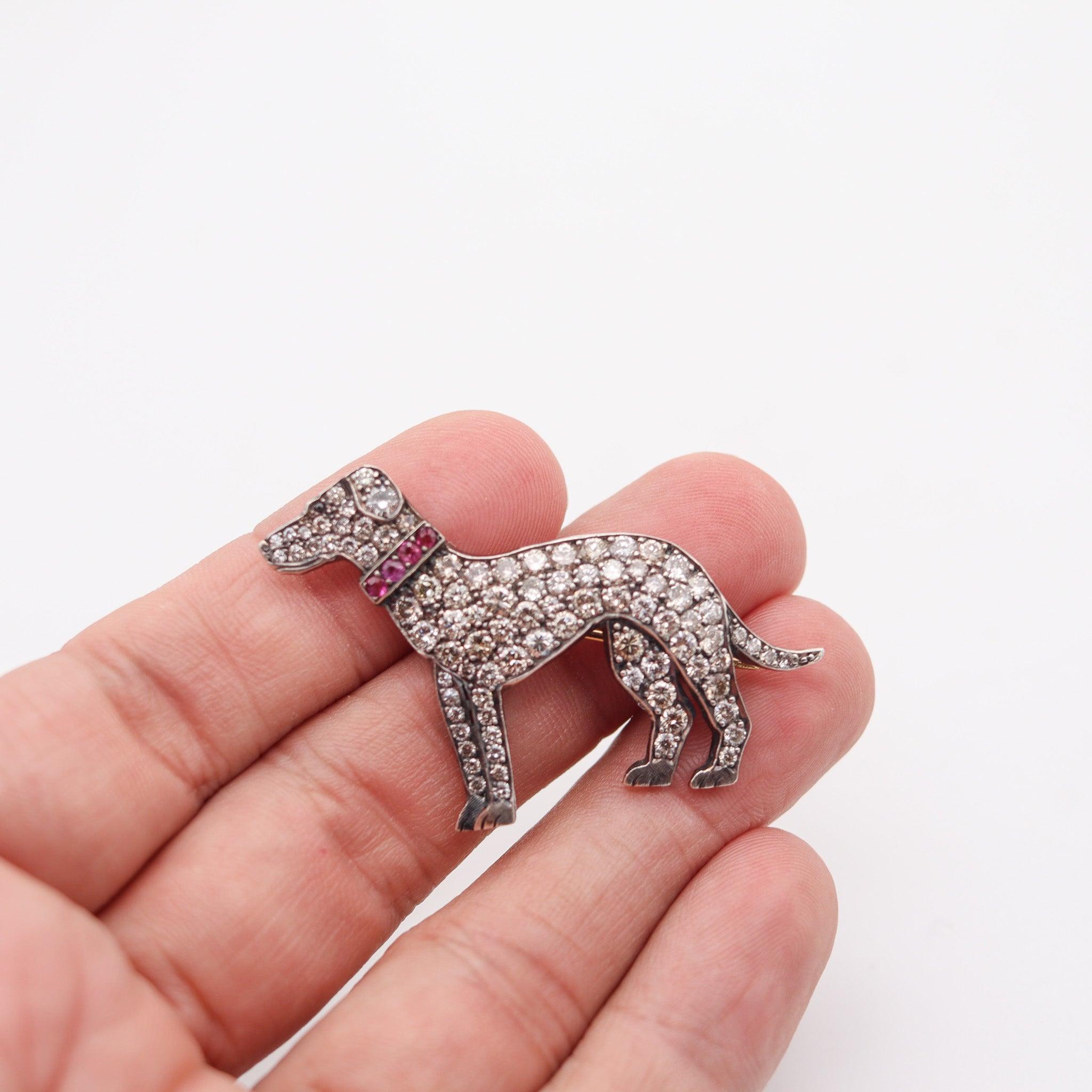 Women's or Men's ART DECO 1920 European Dog Brooch 18Kt Gold Silver 5.24 Ctw Diamonds & Rubies For Sale