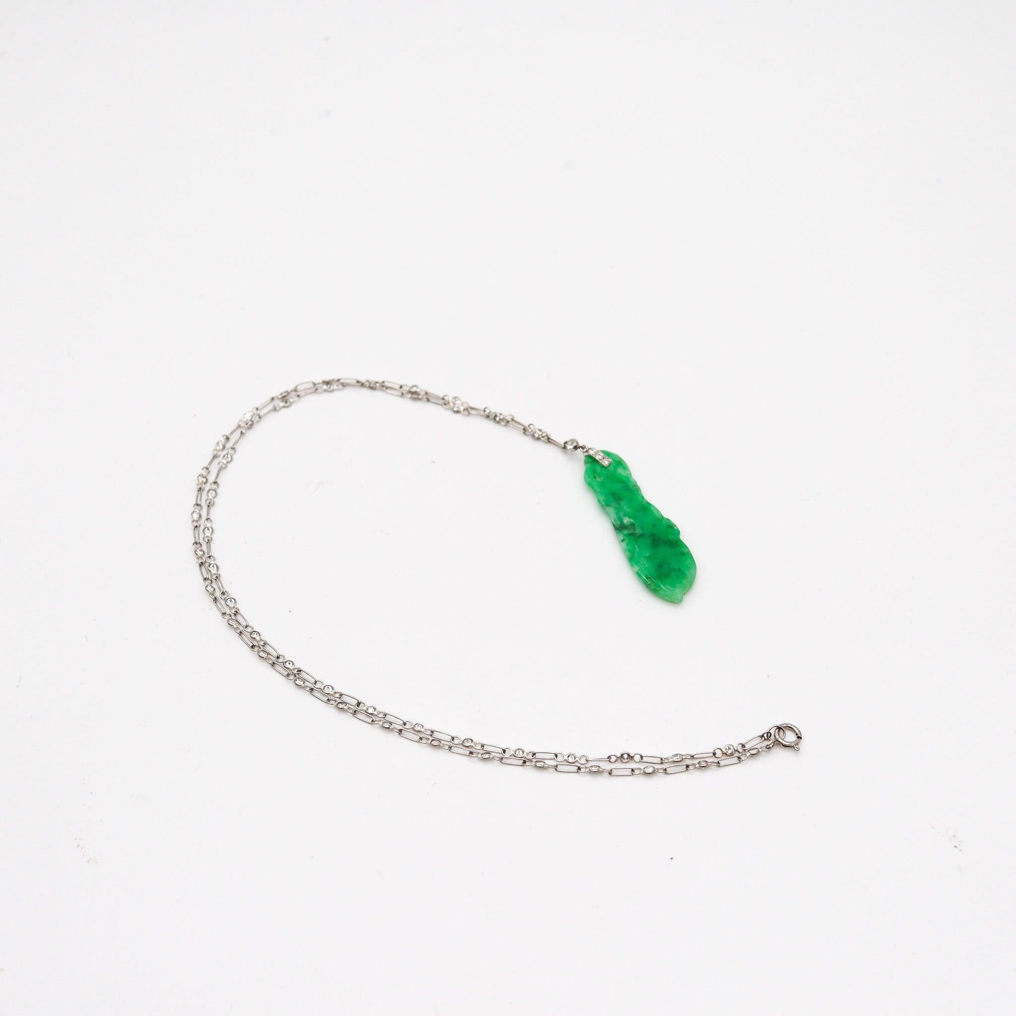 Art Deco ART DECO 1920 European Platinum Necklace With Carved Jadeite Jade & Diamonds For Sale