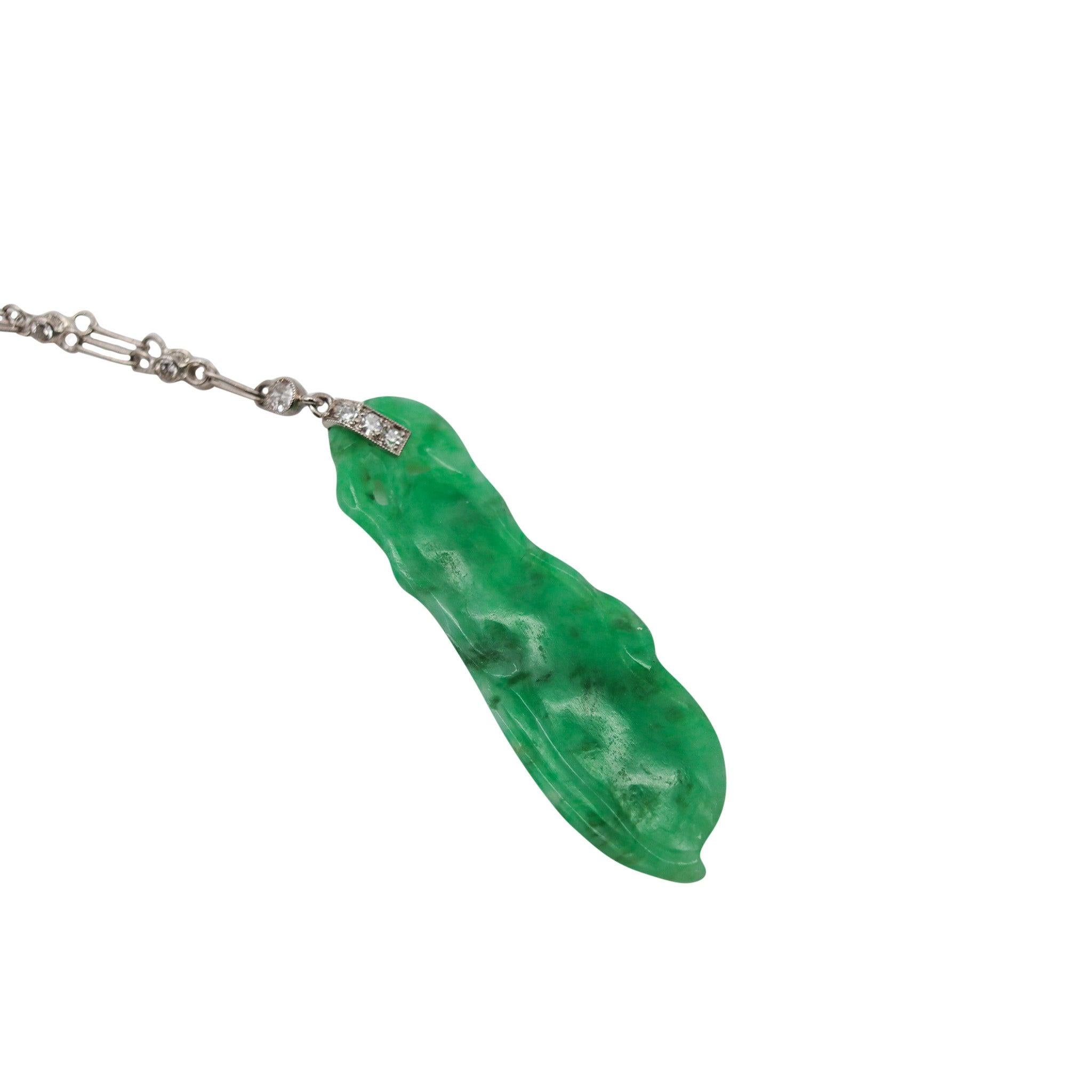Old European Cut ART DECO 1920 European Platinum Necklace With Carved Jadeite Jade & Diamonds For Sale