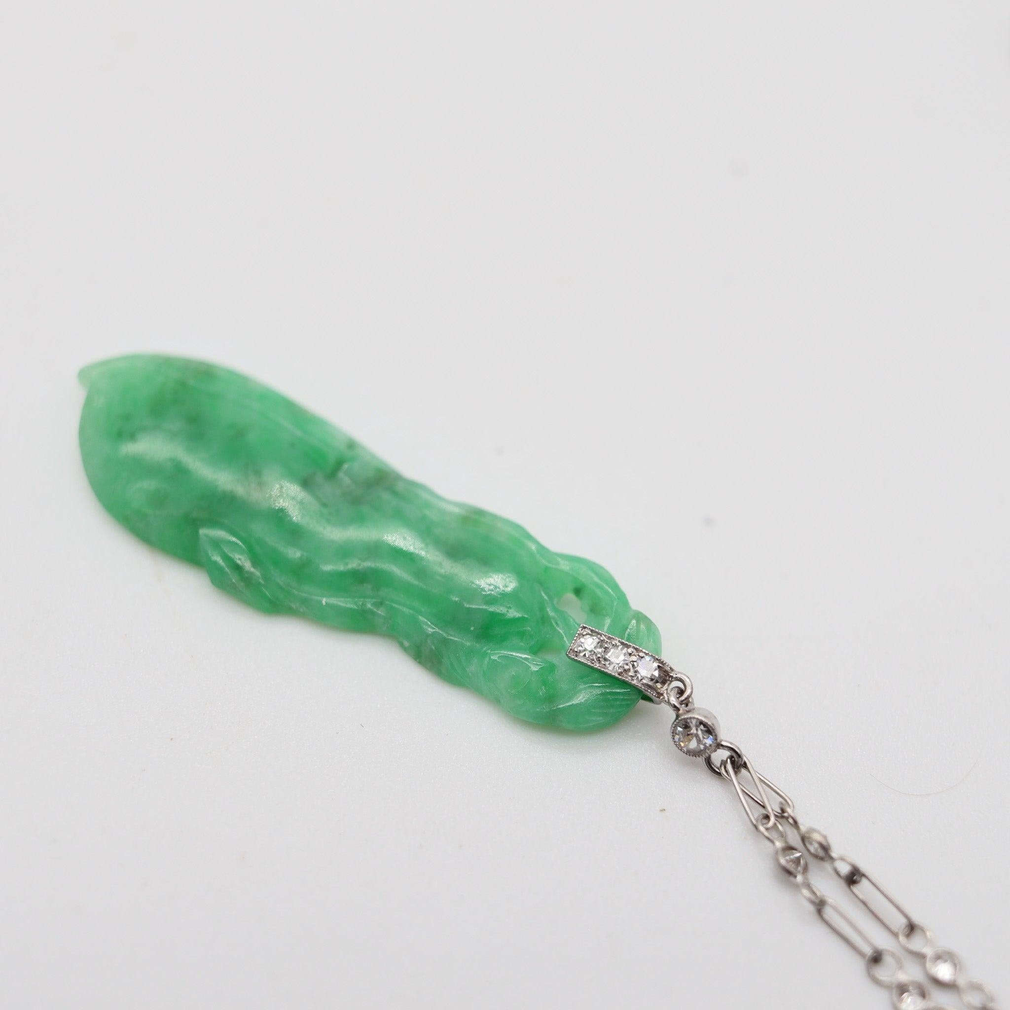 Women's ART DECO 1920 European Platinum Necklace With Carved Jadeite Jade & Diamonds For Sale
