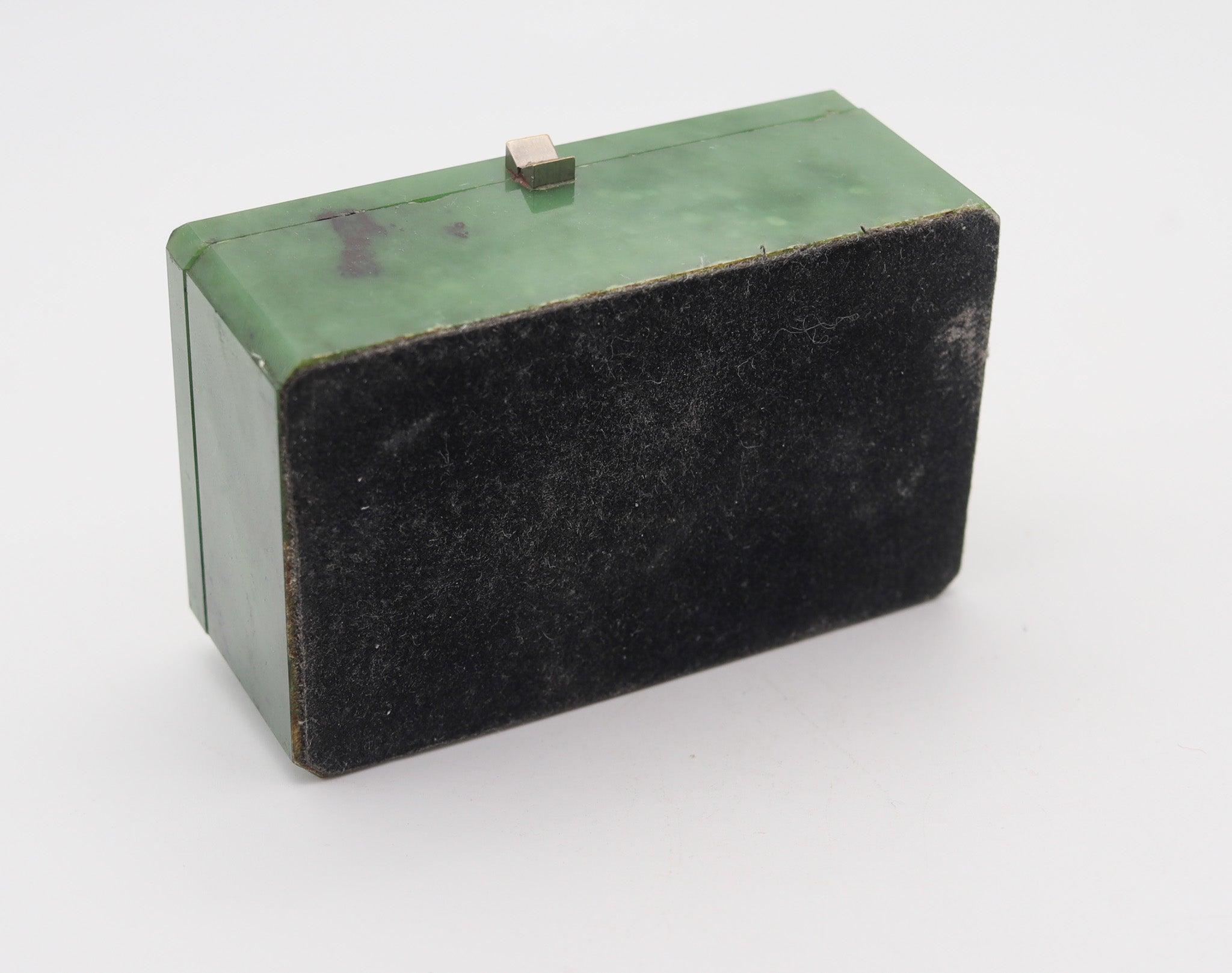 Hand-Carved ART DECO 1920 European Rectangular Desk Box In Nephrite With Silver Hardware