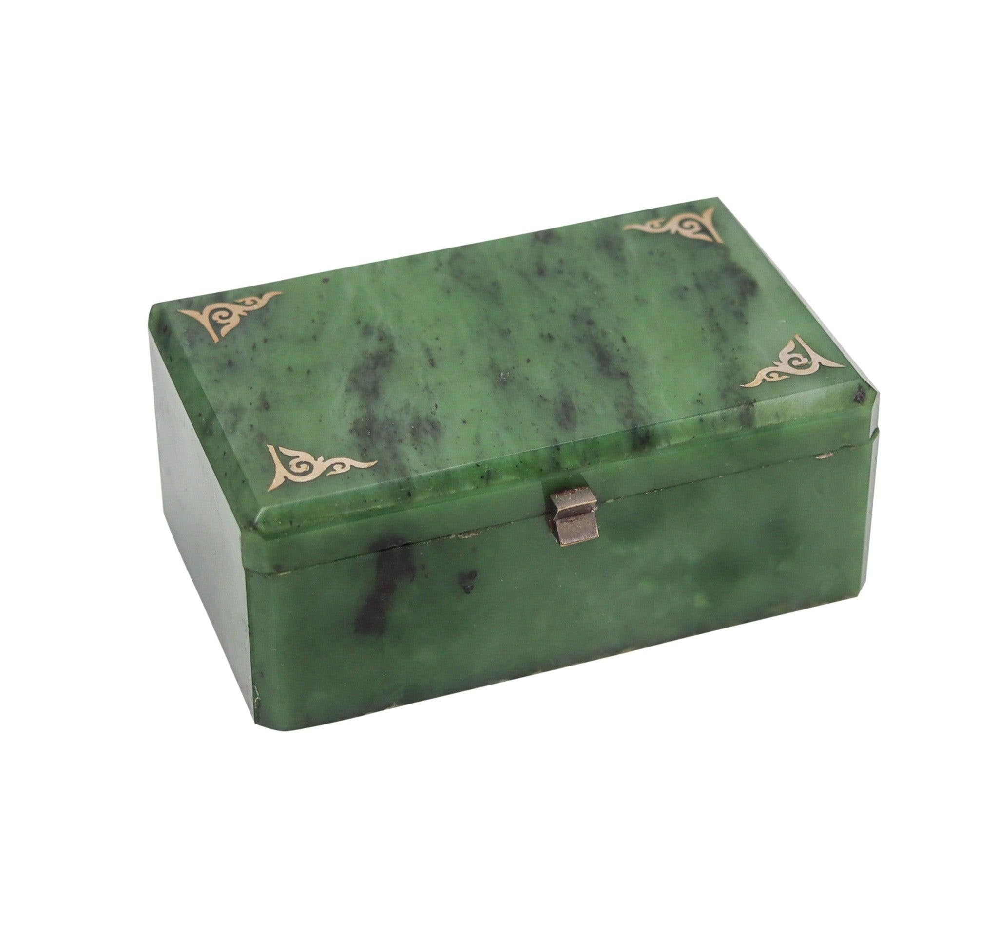 Early 20th Century ART DECO 1920 European Rectangular Desk Box In Nephrite With Silver Hardware