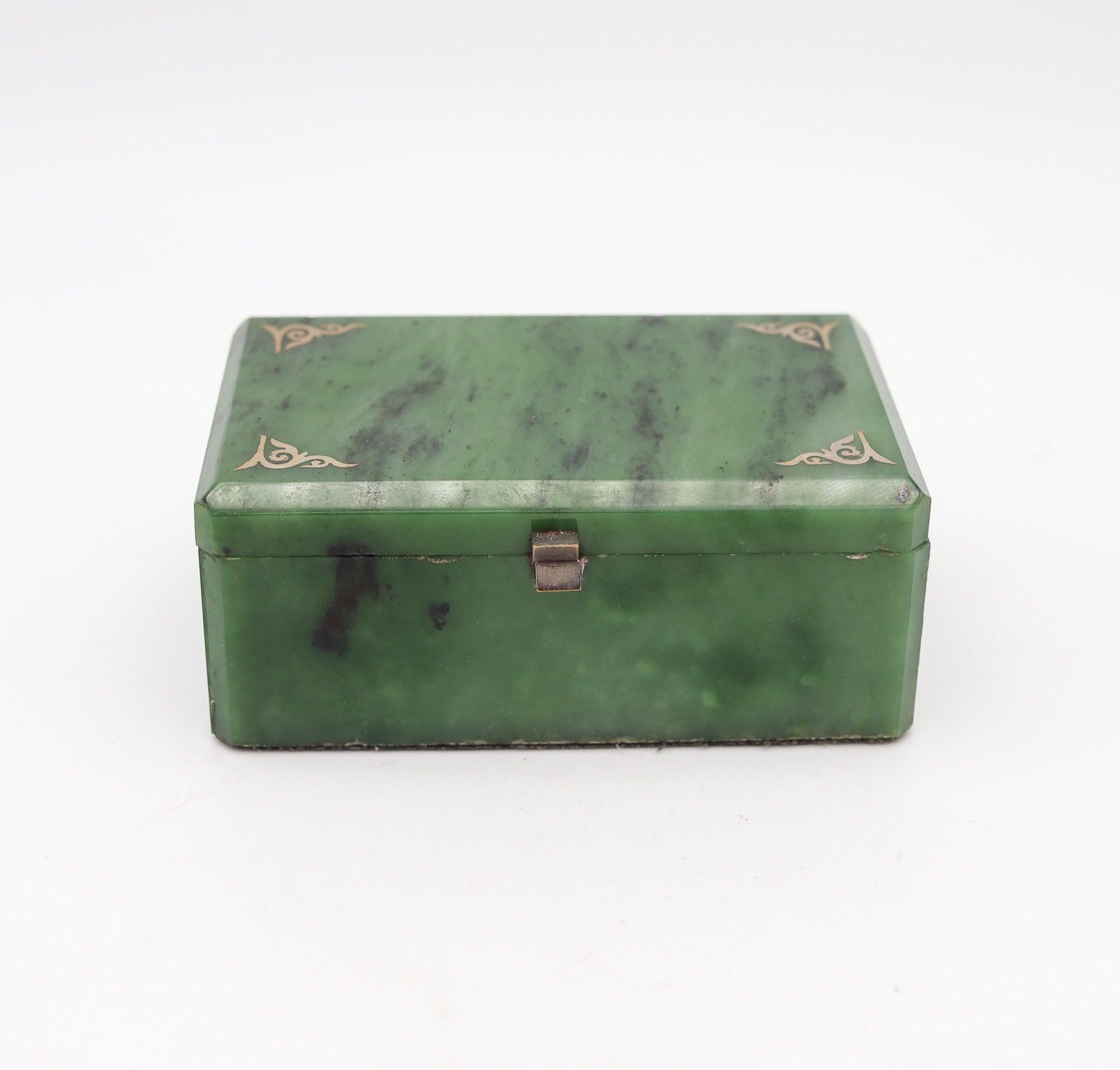 ART DECO 1920 European Rectangular Desk Box In Nephrite With Silver Hardware 1
