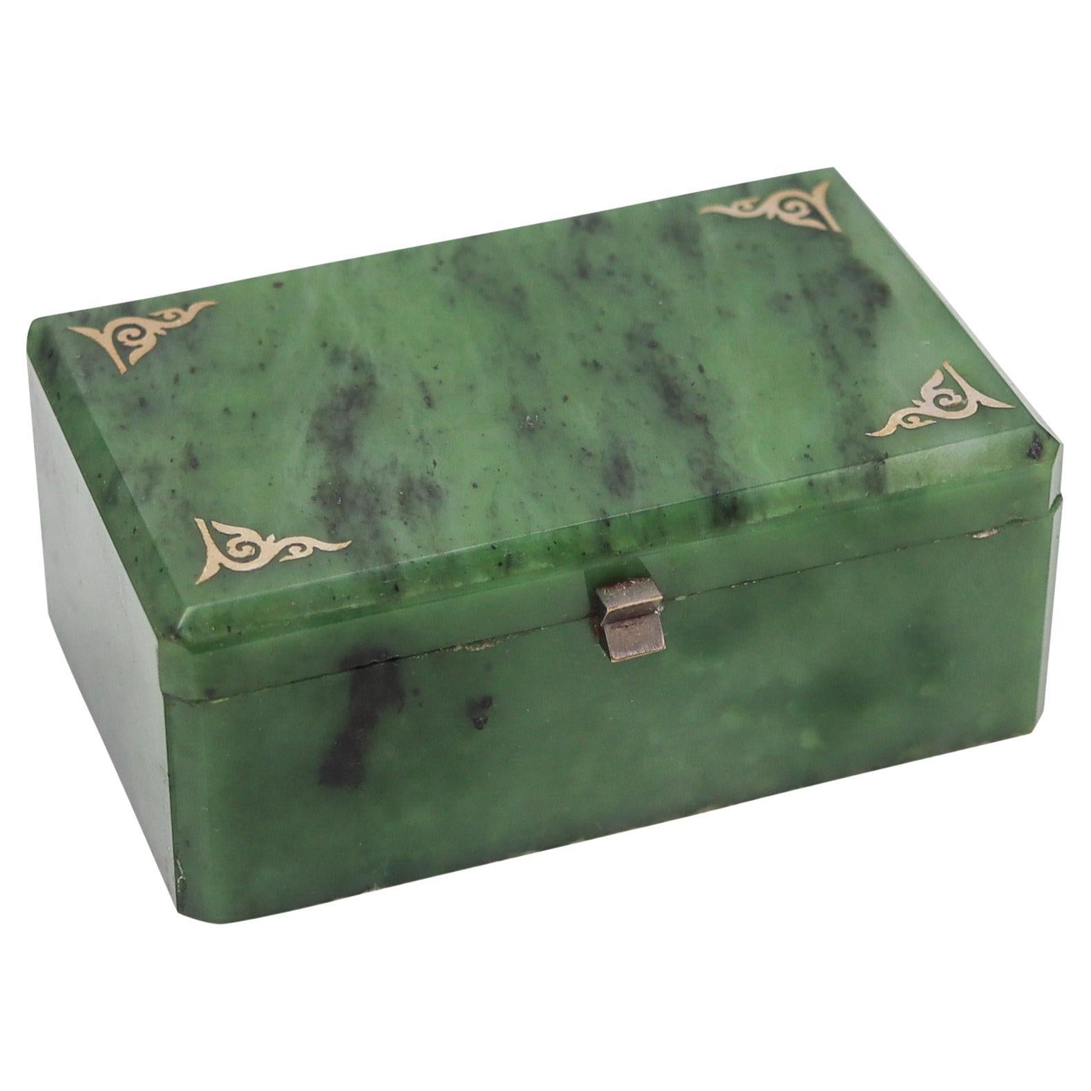 Caja de escritorio rectangular europea ART DECO 1920 en nefrita con herrajes plateados