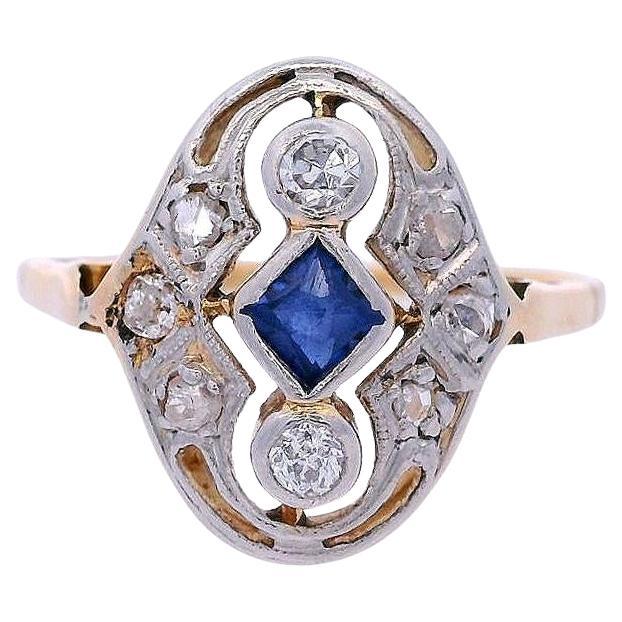 Filigraner Art-déco-Ring aus 18 Karat Gold und Platin mit Diamanten und Saphiren im Art déco-Stil von 1920