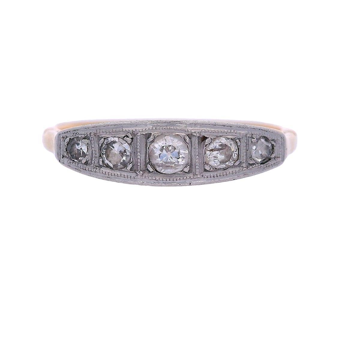 Art Déco Anello a cinque pietre in oro 18 carati e argento con diamanti, Art Deco 1920 in vendita