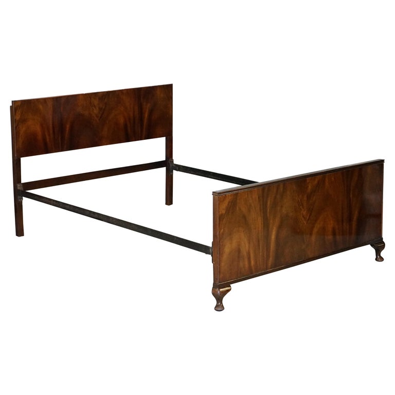 Art Deco 1920 Flamed Mahogany Bed Frame Bedstead Headboard Carved