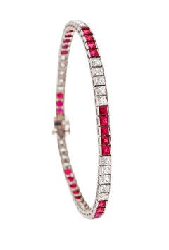 Antique ART DECO 1920 French Bracelet In Platinum With 11.70 Ctw In Diamonds & Rubies
