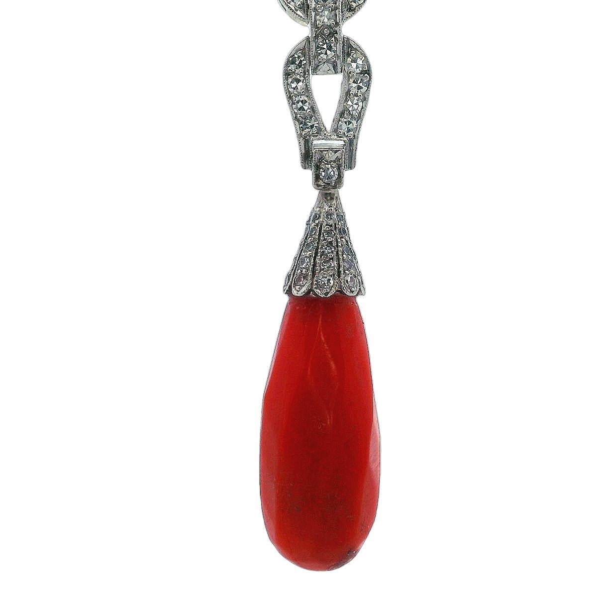 Single Cut Art Deco 1920 Hanging Platinum Earrings with Diamonds and Corals For Sale