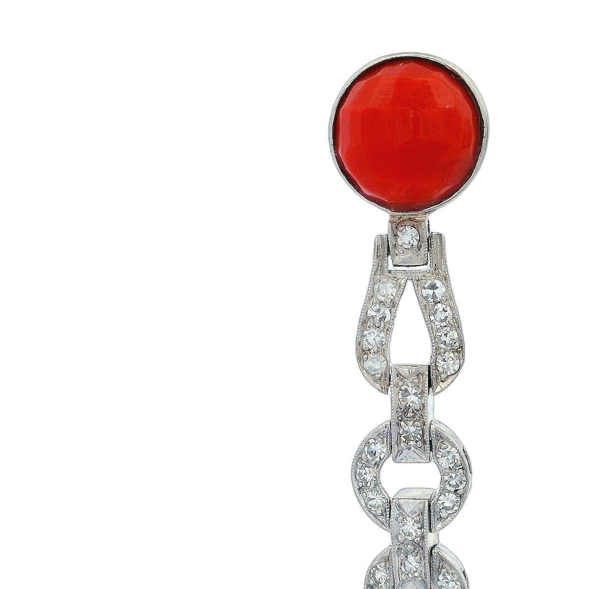 Women's or Men's Art Deco 1920 Hanging Platinum Earrings with Diamonds and Corals For Sale