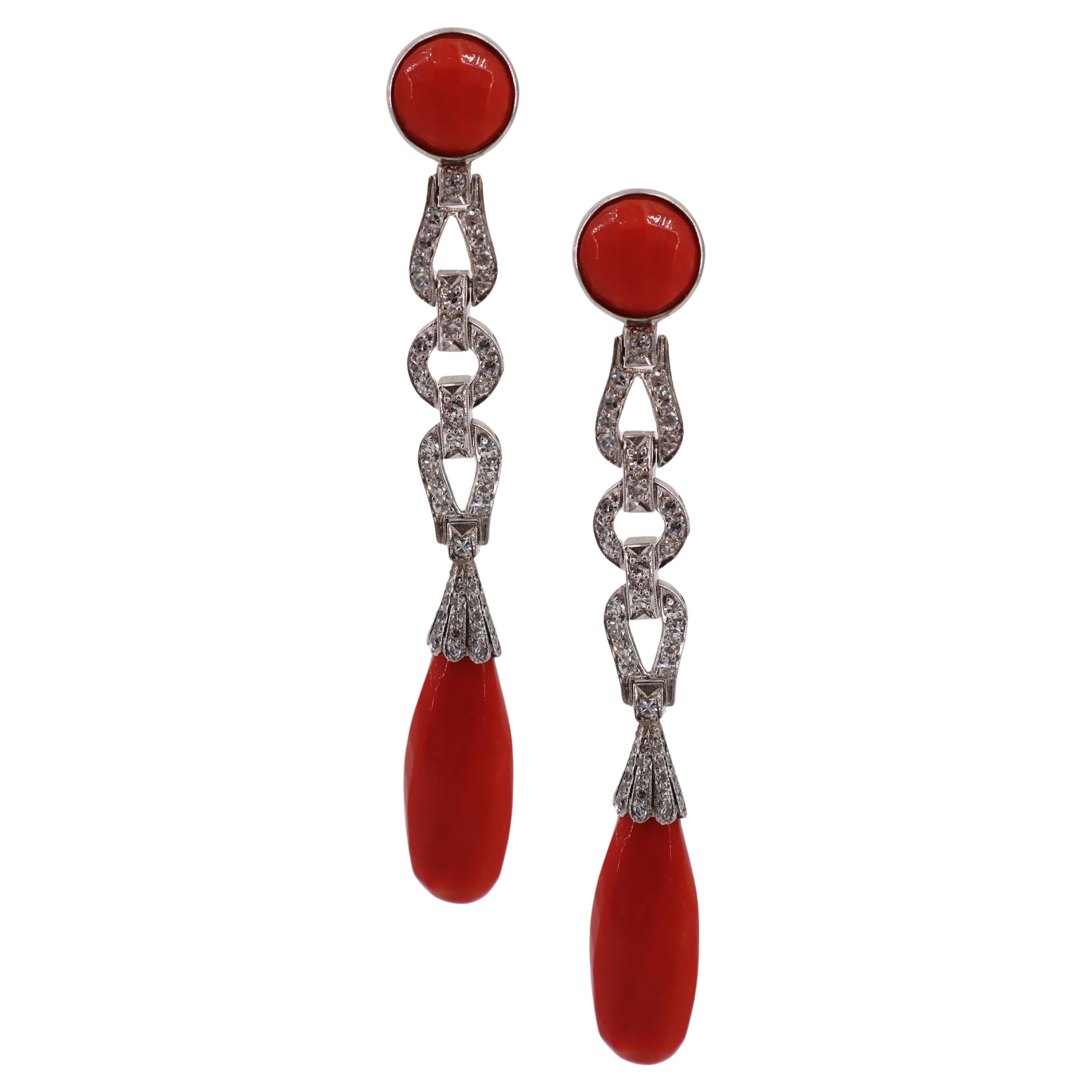 Art Deco 1920 Hanging Platinum Earrings with Diamonds and Corals For Sale