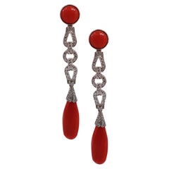 Art Deco 1920 Hanging Platinum Earrings with Diamonds and Corals