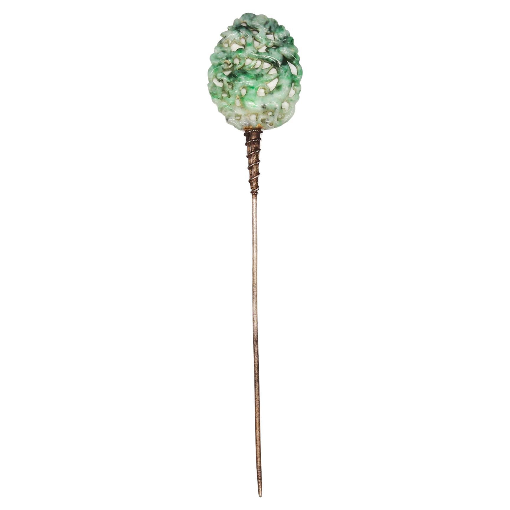 Art Deco 1920 Hat Dress Stick Pin in .800 Silver with Carved Nephrite Green Jade For Sale