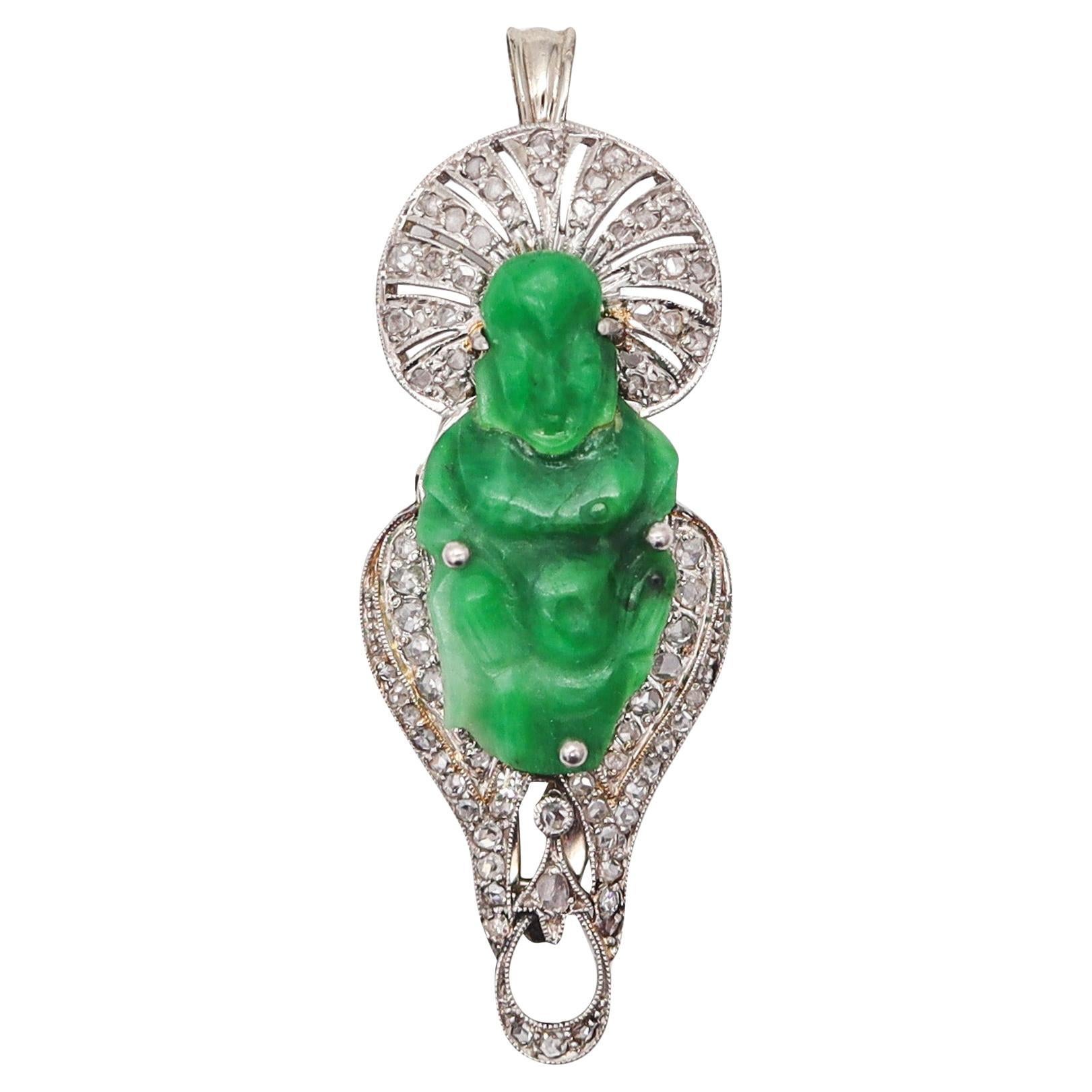 ART DECO 1920 Jadeite Jade Buddha Clip-Brooch In Platinum & Rose Cut Diamonds