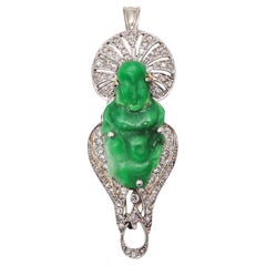 Broche Bouddha Art déco 1920 en jadéite, platine et diamants taille rose