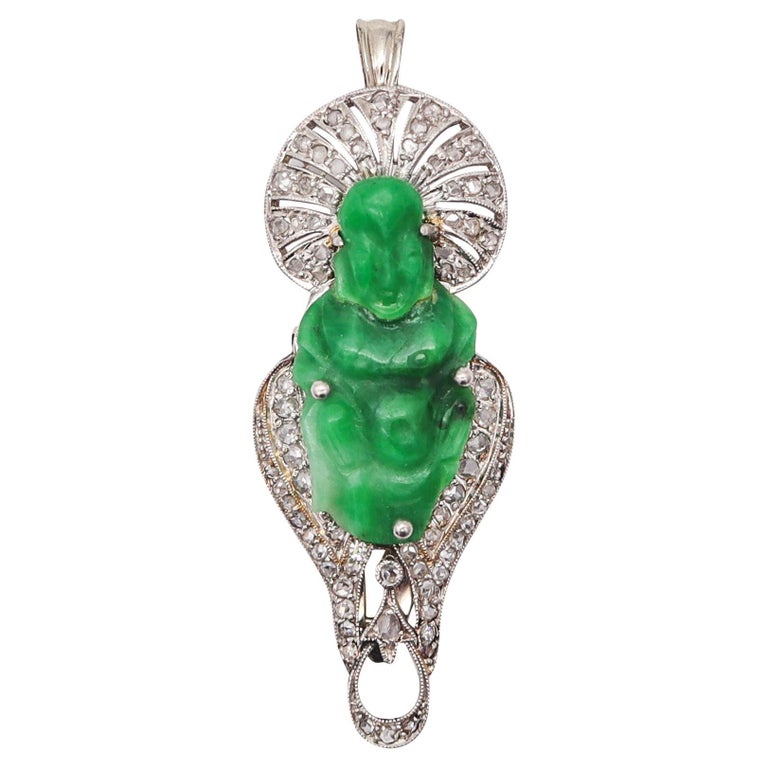 ART DECO 1920 Jadeite Jade Buddha Clip-Brooch In Platinum and Rose