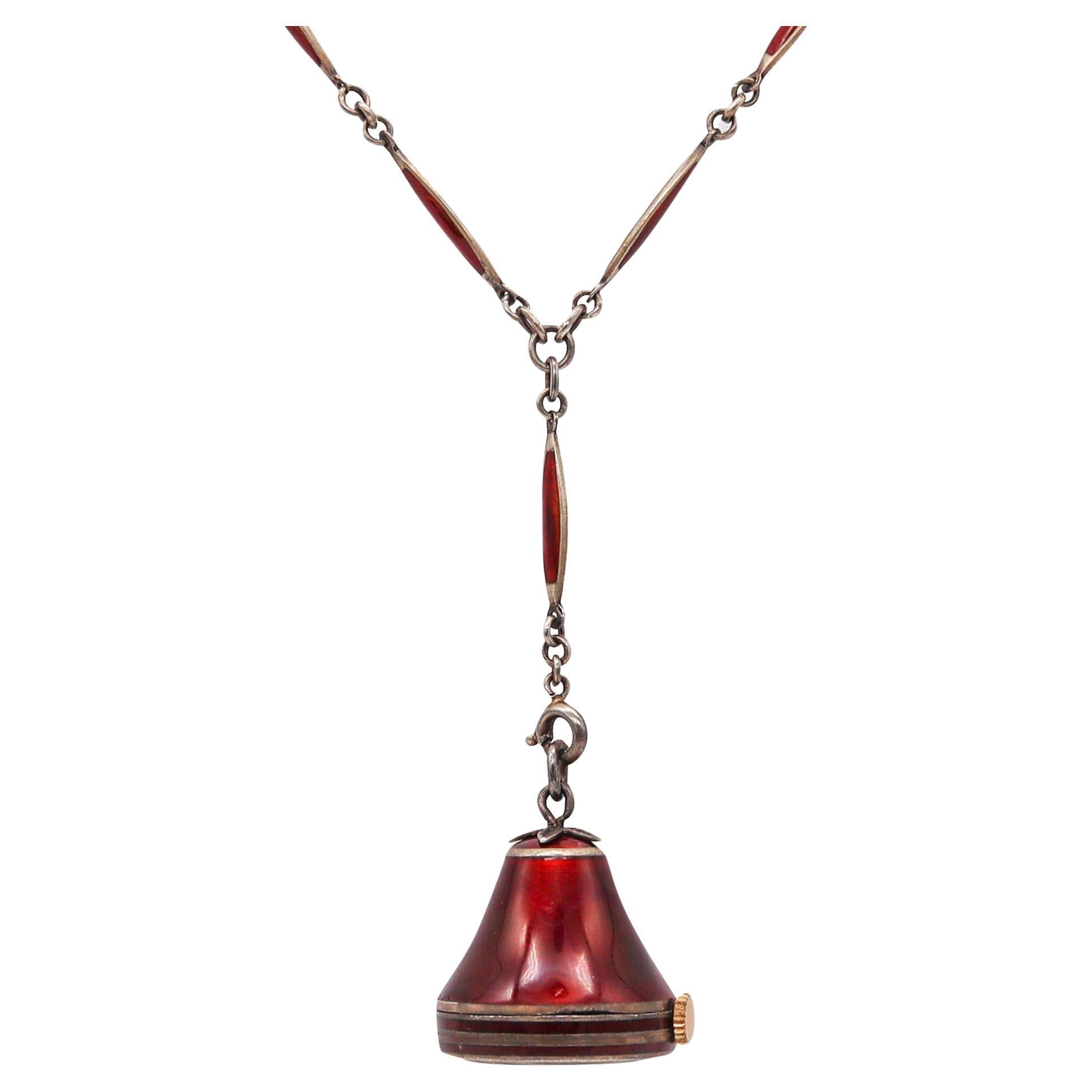 Art Deco 1920 Lavalier Necklace Watch with Red Enamel Guilloche in .985 Silver For Sale