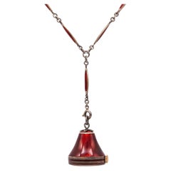Art Deco 1920 Lavalier Necklace Watch with Red Enamel Guilloche in .985 Silver