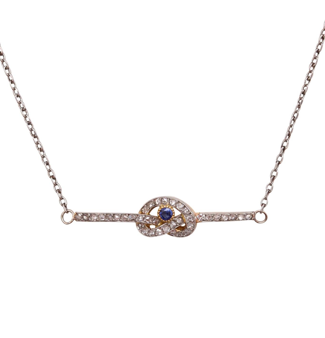 Mixed Cut Art Deco 1920 Love Knot Chained Necklace In Platinum 18Kt Gold Diamonds Sapphire