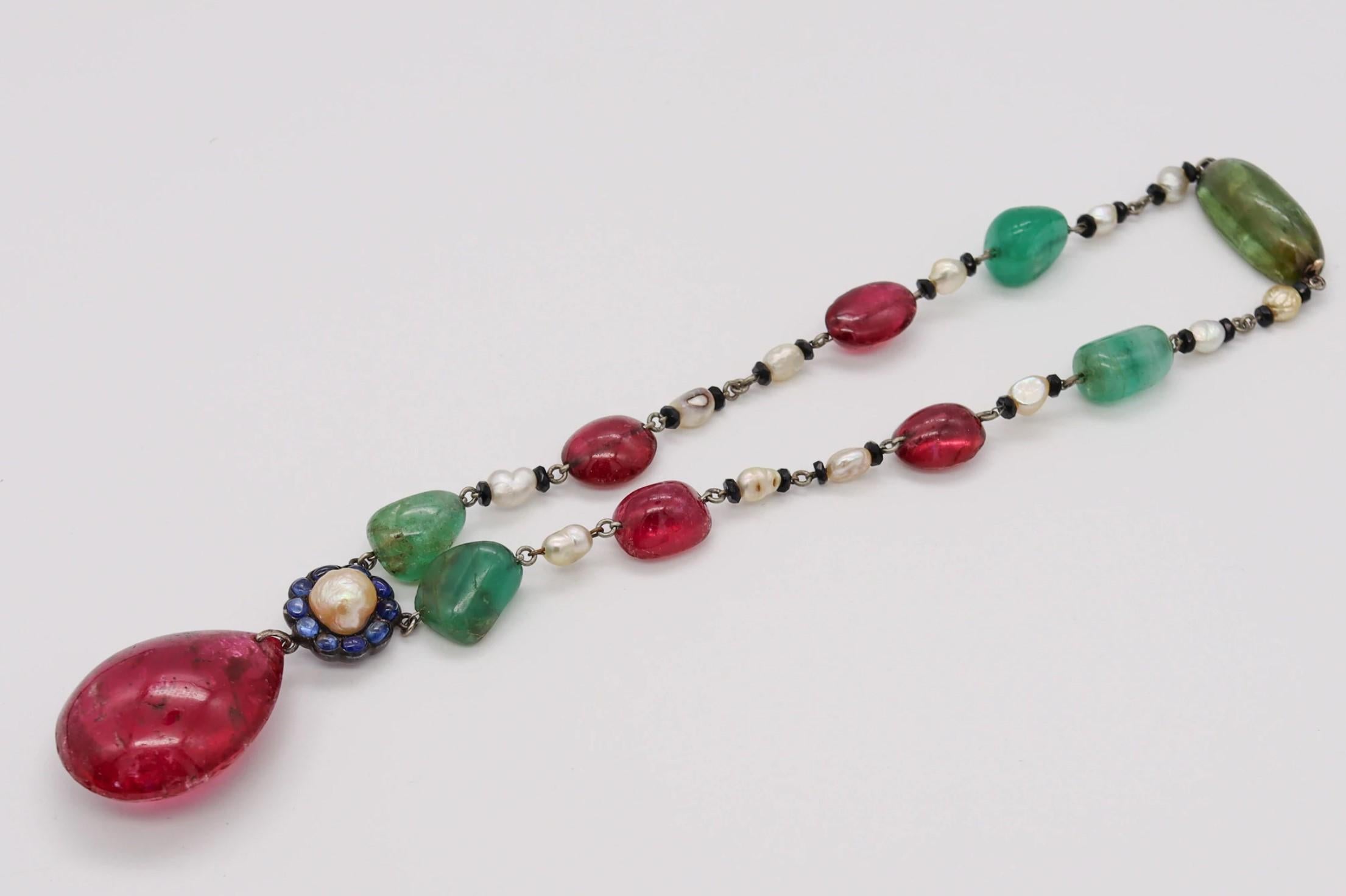 Mixed Cut Art Deco 1920 Mughal Tutti Frutti Necklace Silver 303.69 Cts Gemstone And Pearls For Sale