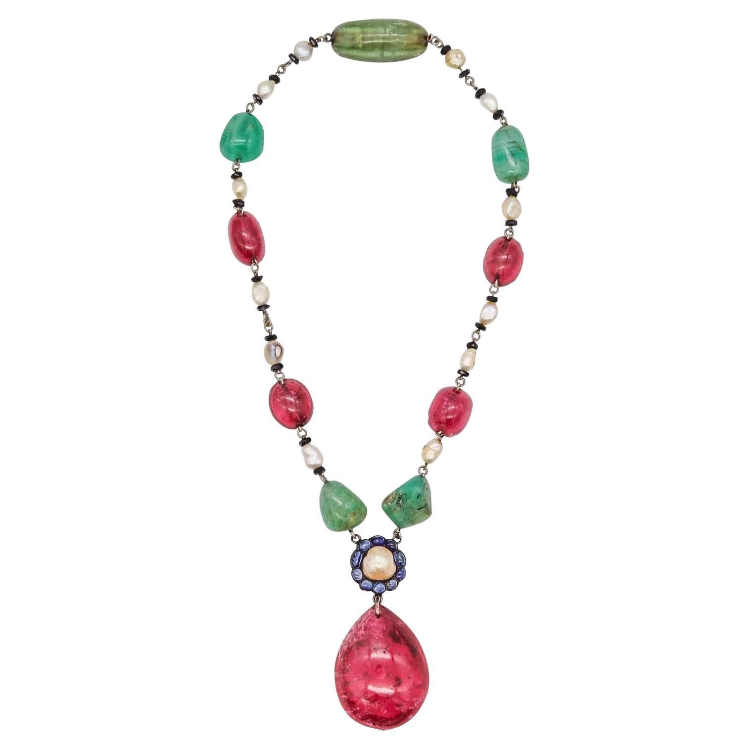 Art Deco 1920 Mughal Tutti Frutti Necklace Silver 303.69 Cts Gemstone And Pearls For Sale