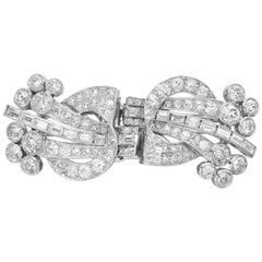 Antique Art Deco 1920, Old European & Baguette Diamonds Double Clip Brooch in Platinum