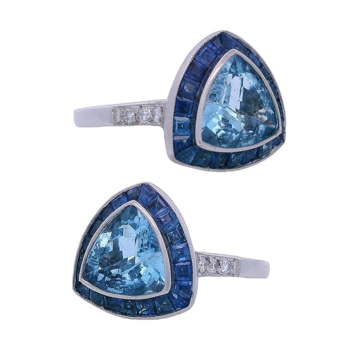 Trillion Cut Art Deco 1920 Platinum Cocktail Ring 2.40 CTW Aquamarine, Sapphires and Diamonds For Sale