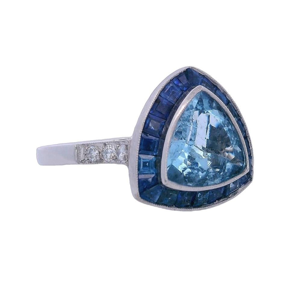 Women's or Men's Art Deco 1920 Platinum Cocktail Ring 2.40 CTW Aquamarine, Sapphires and Diamonds For Sale