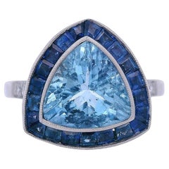 Antique Art Deco 1920 Platinum Cocktail Ring 2.40 CTW Aquamarine, Sapphires and Diamonds