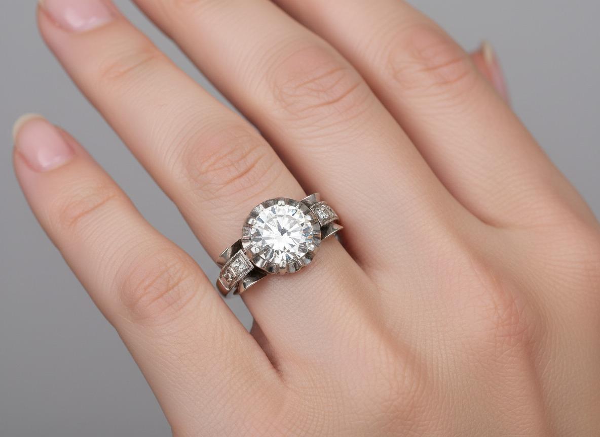 This exquisite Art Deco engagement ring is expertly crafted in platinum and features a sparkling center European cut natural diamond of approximately 1.20 carats (H color, I1 clarity). The center stone is beautifully enhanced by four natural old