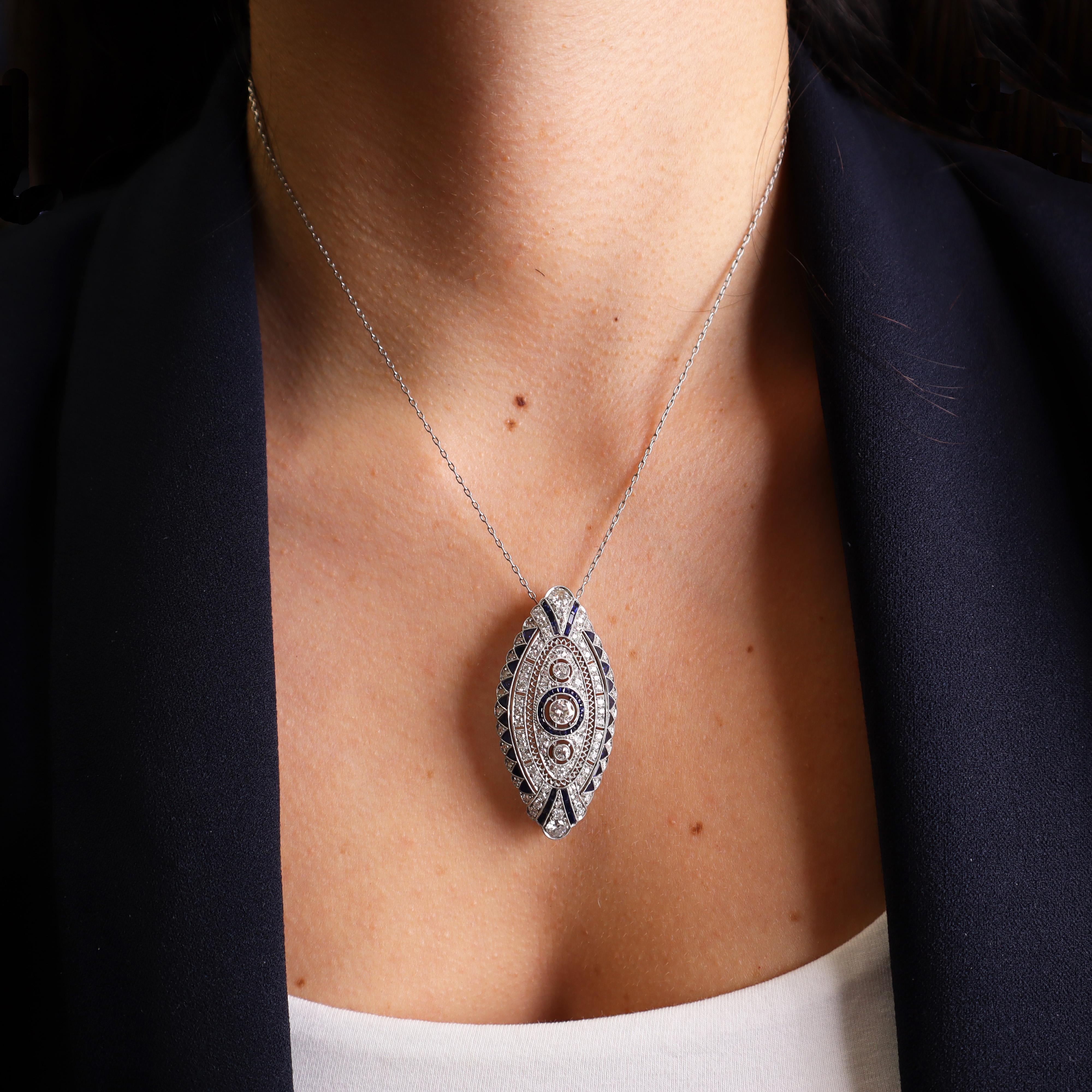 Old European Cut Art Deco 1920 platinum filigree Brooch with Diamonds and Sapphires For Sale