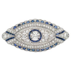 Art Deco 1920 platinum filigree Brooch with Diamonds and Sapphires