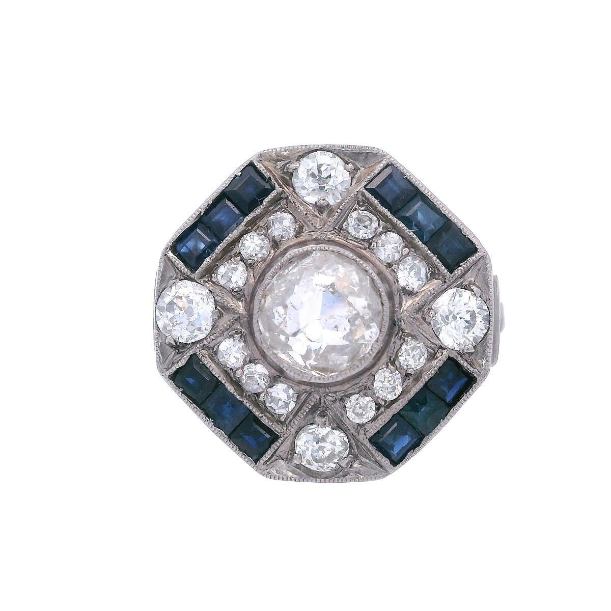 Old Mine Cut Art Deco 1920 Platinum Ring with 1.90 CTW in Old mine Diamonds and Sapphires For Sale