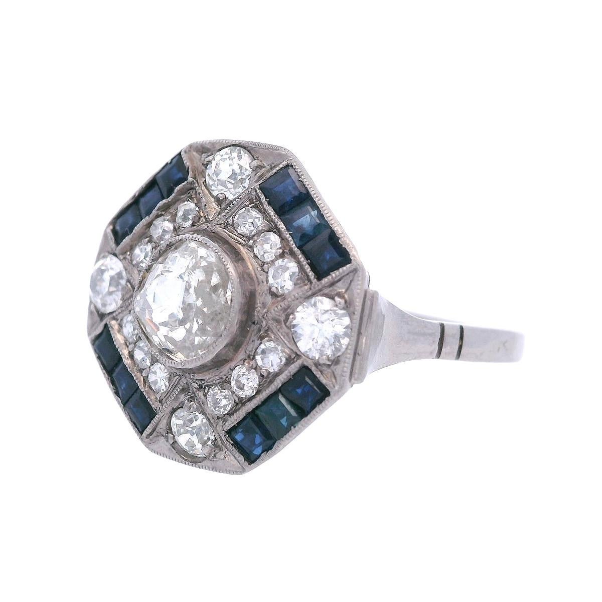 Women's or Men's Art Deco 1920 Platinum Ring with 1.90 CTW in Old mine Diamonds and Sapphires For Sale